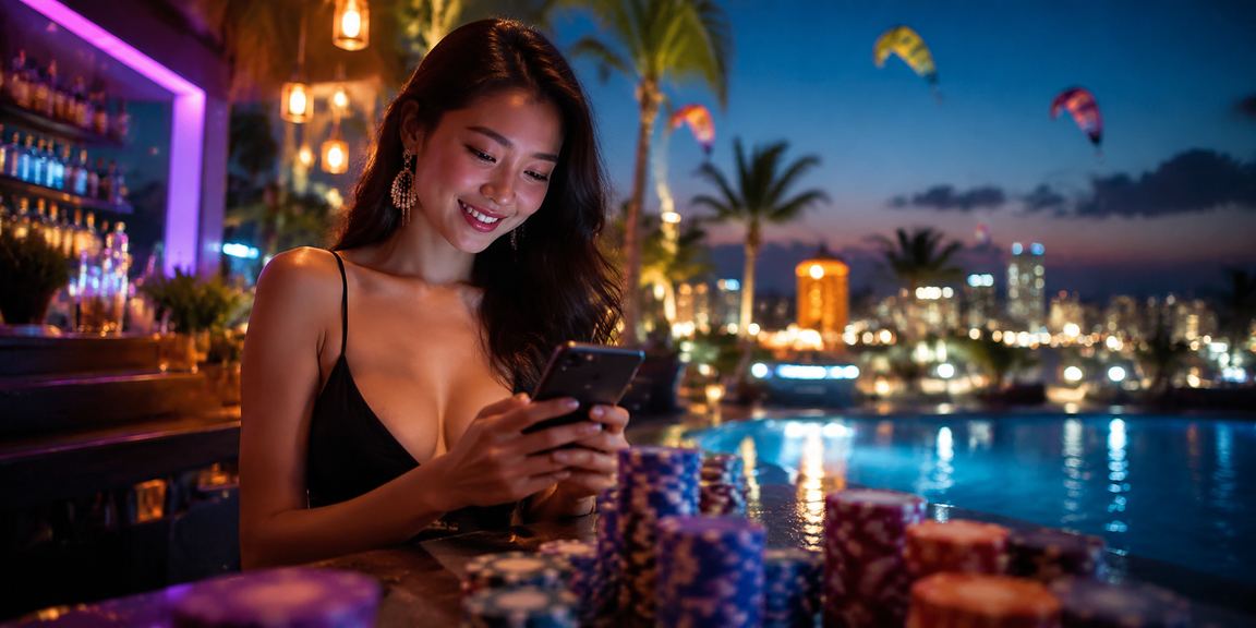 Bầu không khí neon rực rỡ tại khu vực bonus nạp tiền ở Mũi Né, gợi cảm giác casino sống động
